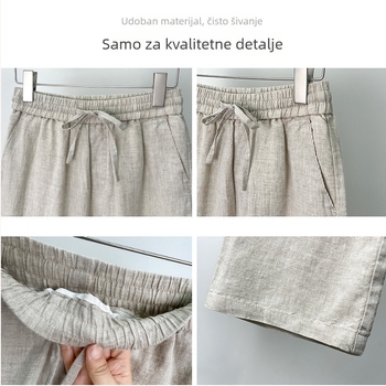 Casual linen pants, kineskog stila ravnih krojeva, srednji pojas, zatvaranje šnurovom (100% lan)