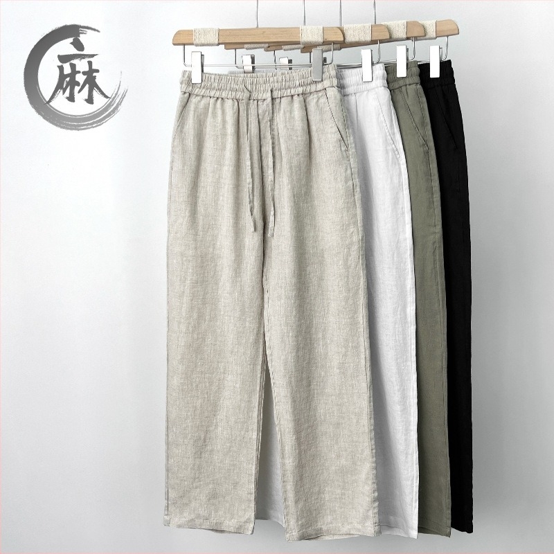 Casual linen pants, kineskog stila ravnih krojeva, srednji pojas, zatvaranje šnurovom (100% lan)