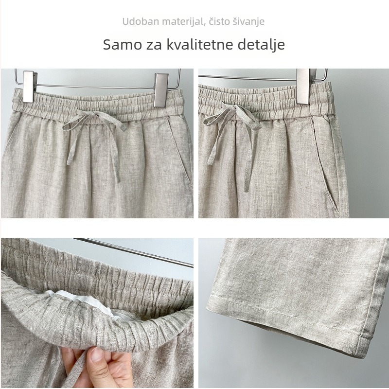 Casual linen pants, kineskog stila ravnih krojeva, srednji pojas, zatvaranje šnurovom (100% lan)