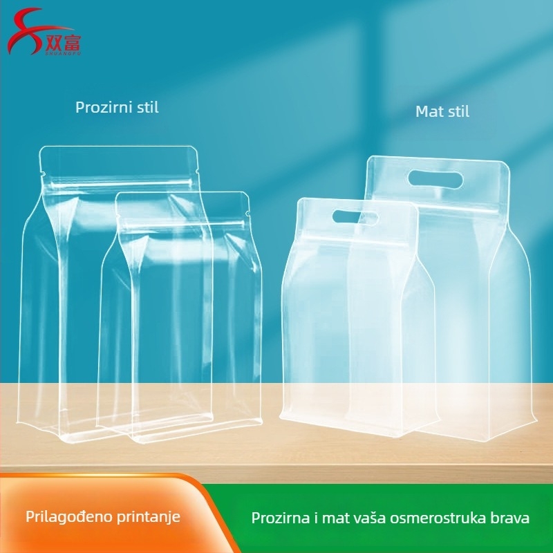 Prozirna vrećica s osamostranim zatvaranjem, stojeća, mat završna obrada i zip zatvarač (materijal: PET+PE; ambalaža hrane; duljina zatvarača 5–20 cm; licenca Guangdong XK-16-204-11317)