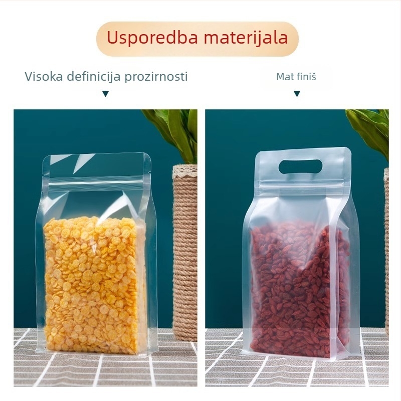 Prozirna vrećica s osamostranim zatvaranjem, stojeća, mat završna obrada i zip zatvarač (materijal: PET+PE; ambalaža hrane; duljina zatvarača 5–20 cm; licenca Guangdong XK-16-204-11317)