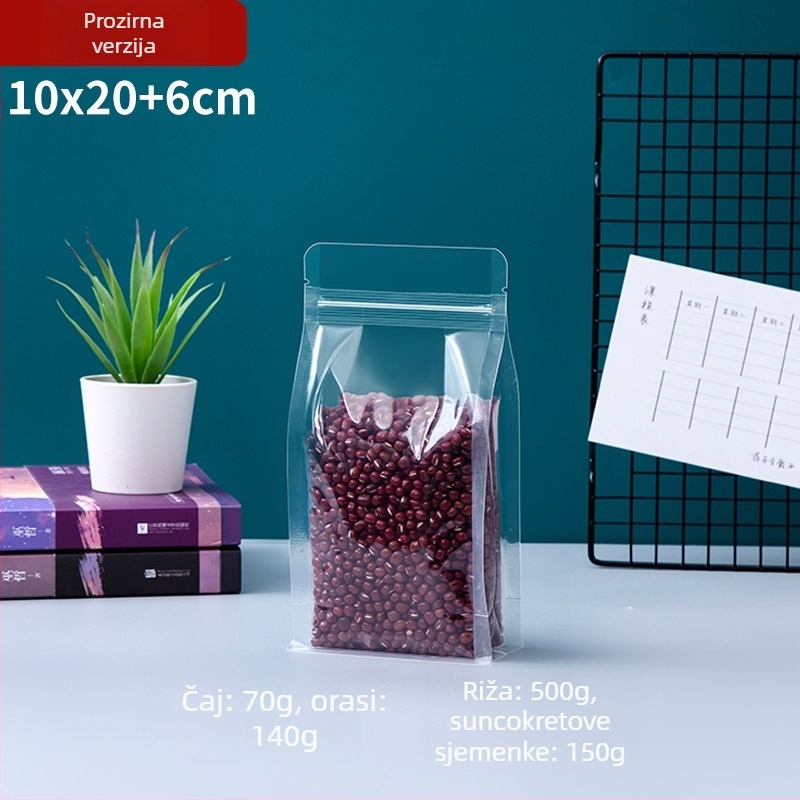 Prozirna vrećica s osamostranim zatvaranjem, stojeća, mat završna obrada i zip zatvarač (materijal: PET+PE; ambalaža hrane; duljina zatvarača 5–20 cm; licenca Guangdong XK-16-204-11317)