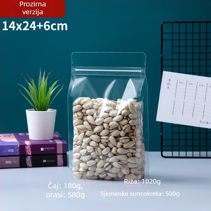 Prozirna vrećica s osamostranim zatvaranjem, stojeća, mat završna obrada i zip zatvarač (materijal: PET+PE; ambalaža hrane; duljina zatvarača 5–20 cm; licenca Guangdong XK-16-204-11317)