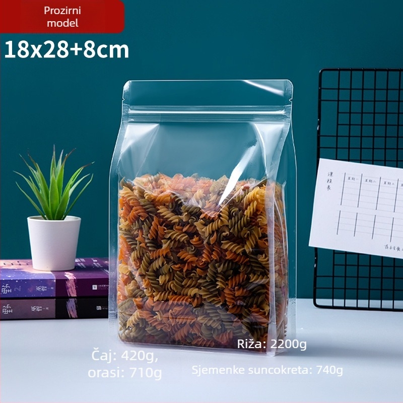 Prozirna vrećica s osamostranim zatvaranjem, stojeća, mat završna obrada i zip zatvarač (materijal: PET+PE; ambalaža hrane; duljina zatvarača 5–20 cm; licenca Guangdong XK-16-204-11317)