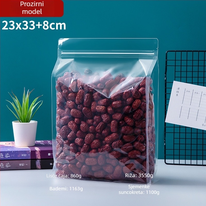 Prozirna vrećica s osamostranim zatvaranjem, stojeća, mat završna obrada i zip zatvarač (materijal: PET+PE; ambalaža hrane; duljina zatvarača 5–20 cm; licenca Guangdong XK-16-204-11317)