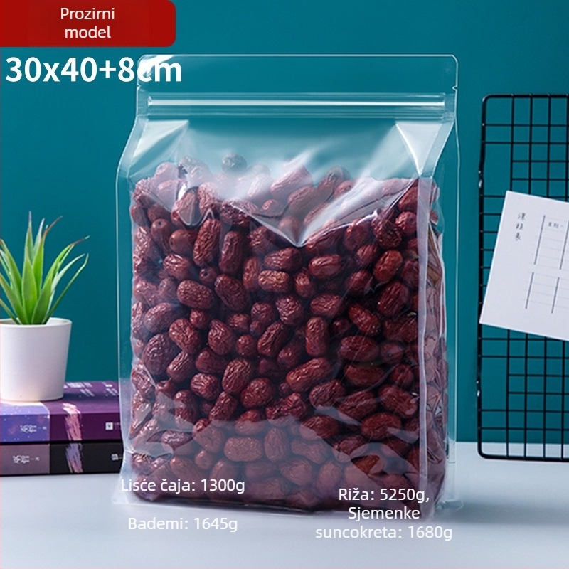 Prozirna vrećica s osamostranim zatvaranjem, stojeća, mat završna obrada i zip zatvarač (materijal: PET+PE; ambalaža hrane; duljina zatvarača 5–20 cm; licenca Guangdong XK-16-204-11317)