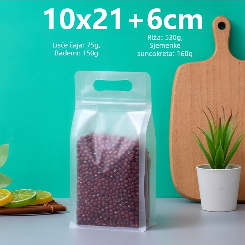 Prozirna vrećica s osamostranim zatvaranjem, stojeća, mat završna obrada i zip zatvarač (materijal: PET+PE; ambalaža hrane; duljina zatvarača 5–20 cm; licenca Guangdong XK-16-204-11317)