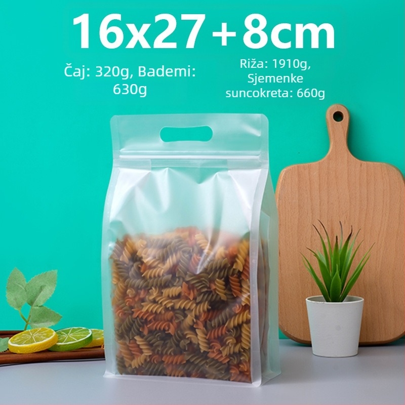 Prozirna vrećica s osamostranim zatvaranjem, stojeća, mat završna obrada i zip zatvarač (materijal: PET+PE; ambalaža hrane; duljina zatvarača 5–20 cm; licenca Guangdong XK-16-204-11317)