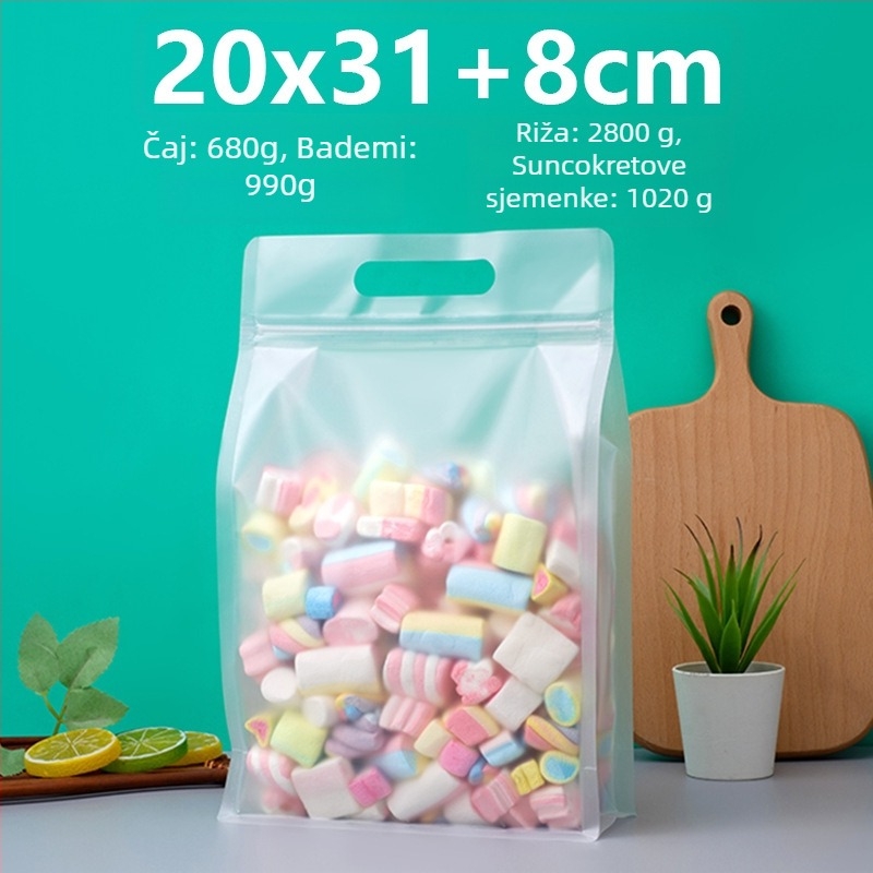 Prozirna vrećica s osamostranim zatvaranjem, stojeća, mat završna obrada i zip zatvarač (materijal: PET+PE; ambalaža hrane; duljina zatvarača 5–20 cm; licenca Guangdong XK-16-204-11317)