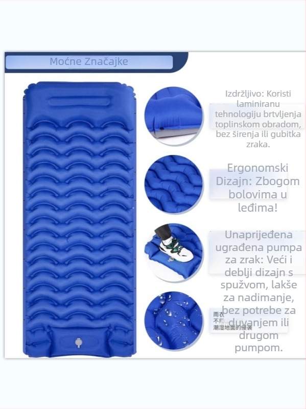 Prijenosni TPU napuhljivi kamp madrac, otporan na vlagu, ručna pumpa, pogodan za tinejdžere i odrasle, 0,85 kg