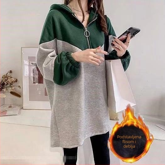 Ženska jakna s fleece podstavom i kapuljom, opuštena silueta, srednja duljina (65–80 cm), poliester
