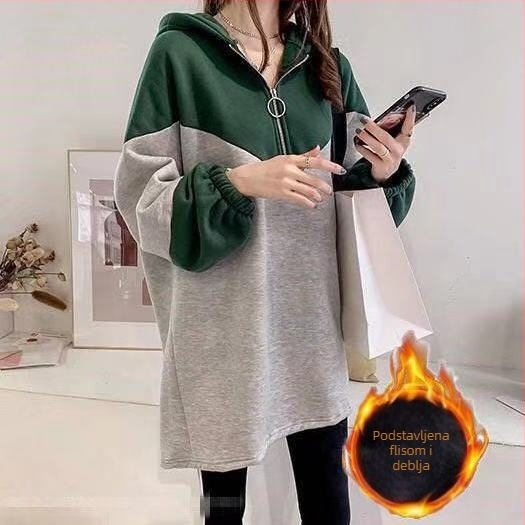 Ženska jakna s fleece podstavom i kapuljom, opuštena silueta, srednja duljina (65–80 cm), poliester