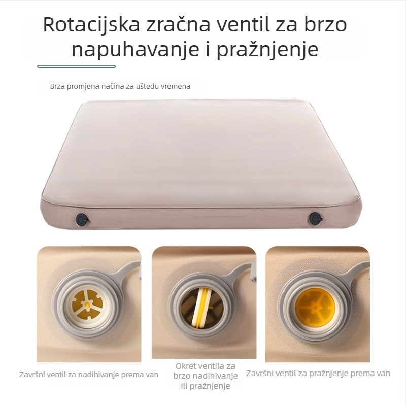 Samonapunjavaći debeli zračni jastuk za kampiranje; tijelo od poliesterskih vlakana s pamukovom površinom; podržava 1–2 osobe; težina oko 3,5–5,1 kg.