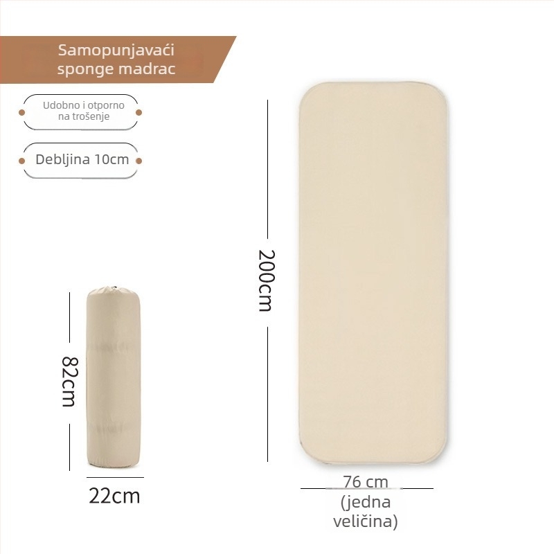 Samonapunjavaći debeli zračni jastuk za kampiranje; tijelo od poliesterskih vlakana s pamukovom površinom; podržava 1–2 osobe; težina oko 3,5–5,1 kg.
