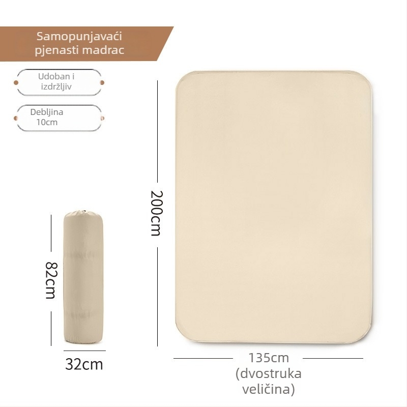 Samonapunjavaći debeli zračni jastuk za kampiranje; tijelo od poliesterskih vlakana s pamukovom površinom; podržava 1–2 osobe; težina oko 3,5–5,1 kg.