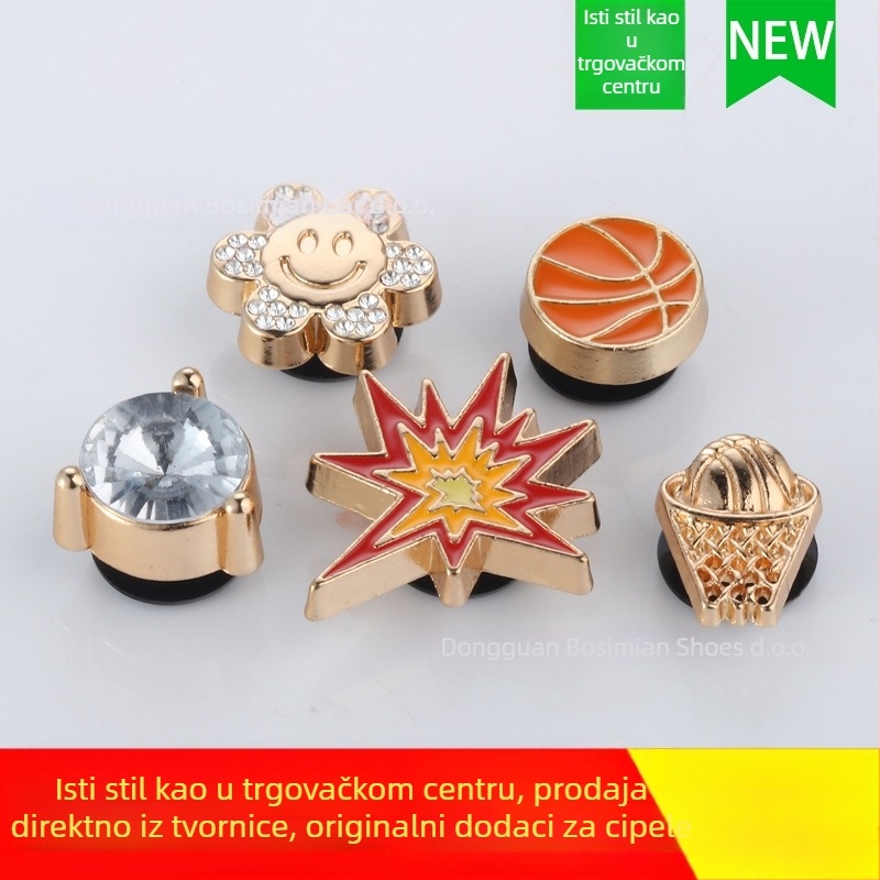 Aksesoar Crocs stila papuče s metalnim rhinestones cvijetom i kopčom u obliku košarke – pogodno za sandale, cijelu godinu