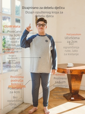 Dječji dvodijelni pyjama set za dječake, plus veličina, 95% pamuk / 5% elastan, okrugli ovratnik, za djecu iznad 8 godina (preko 140 cm), za zimu, proljeće i jesen