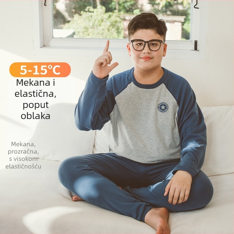 Dječji dvodijelni pyjama set za dječake, plus veličina, 95% pamuk / 5% elastan, okrugli ovratnik, za djecu iznad 8 godina (preko 140 cm), za zimu, proljeće i jesen