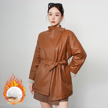 Ženska kožna jakna od ovčje kože sa fleece podstavom, srednja duljina, ovratnik s reverom, zatvarač, retro stil