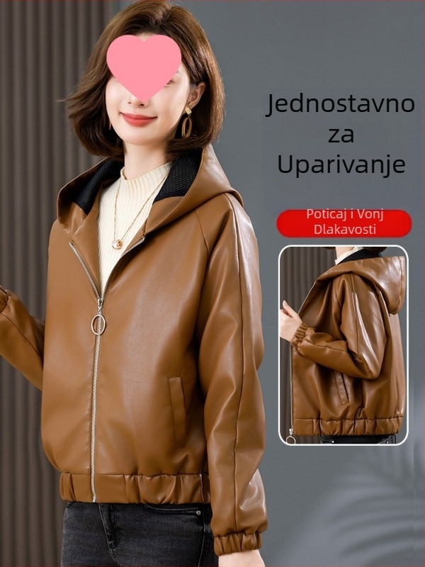 Ženska jakna s kapuljačom od umjetne kože, ultra kratka duljina (≤40 cm), zatvarač, Chenille-Spandex tkanina