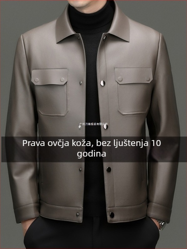 Muška kožna jakna od kozje kože - opuštena silueta, rever, jednodruno kopčanje, više džepova