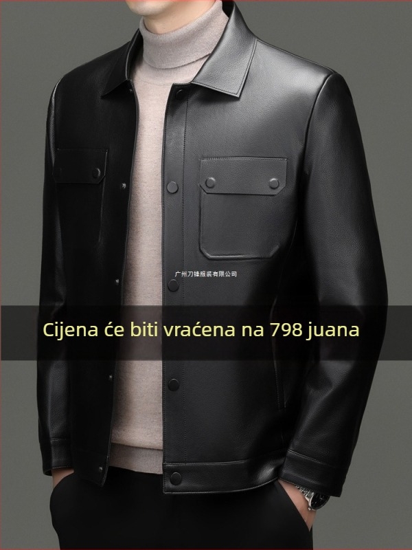 Muška kožna jakna od kozje kože - opuštena silueta, rever, jednodruno kopčanje, više džepova