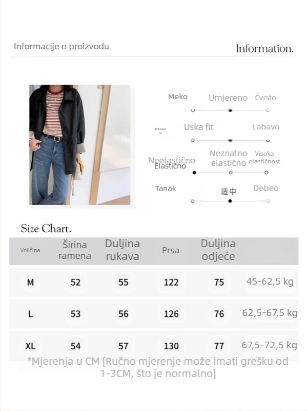 3Th Morning Niche Design PU kožna jakna srednje duljine, rever, jednodijelno kopčanje, dugi rukavi