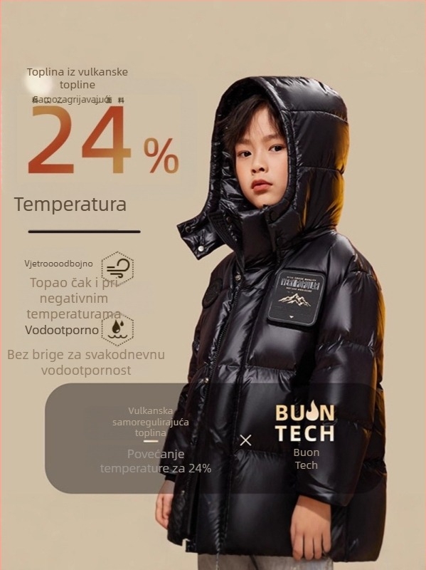 Dječji zimski kaput srednje duljine s kapuljom, debeli poliester punjenje, vanjski poliester, unisex, za djecu od 8 godina