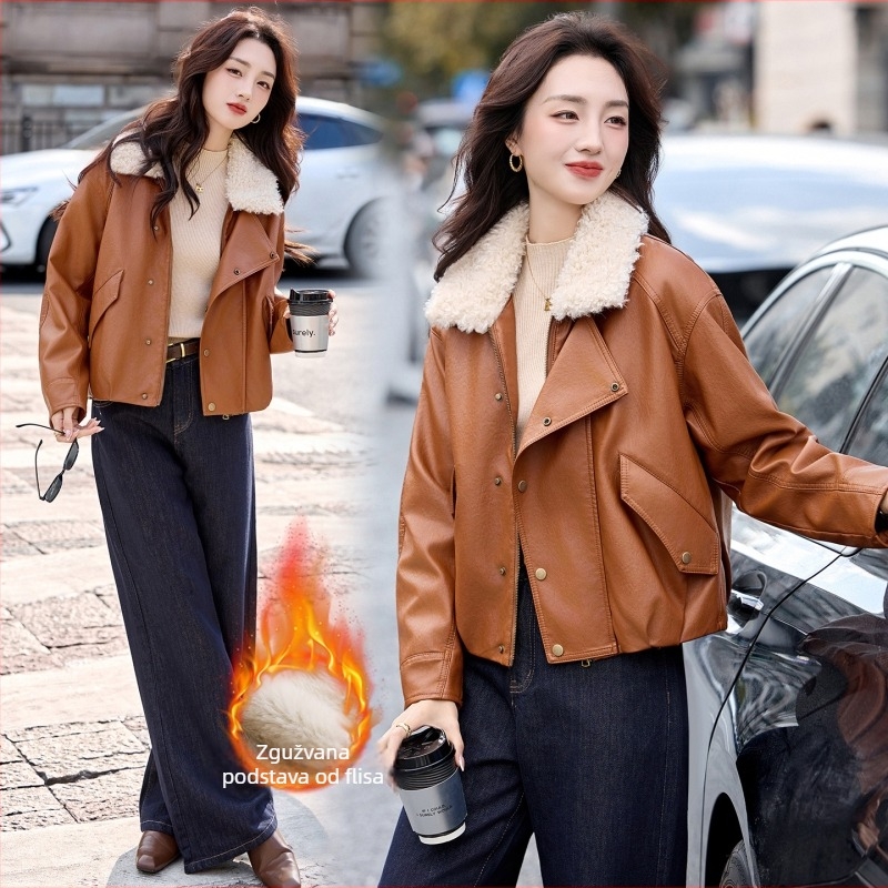 Kožna jakna od kozje kože se kragnom od janjeće vune — kratki kroj, japansko-korejski casual stil, zatvarač, slobodan kroj