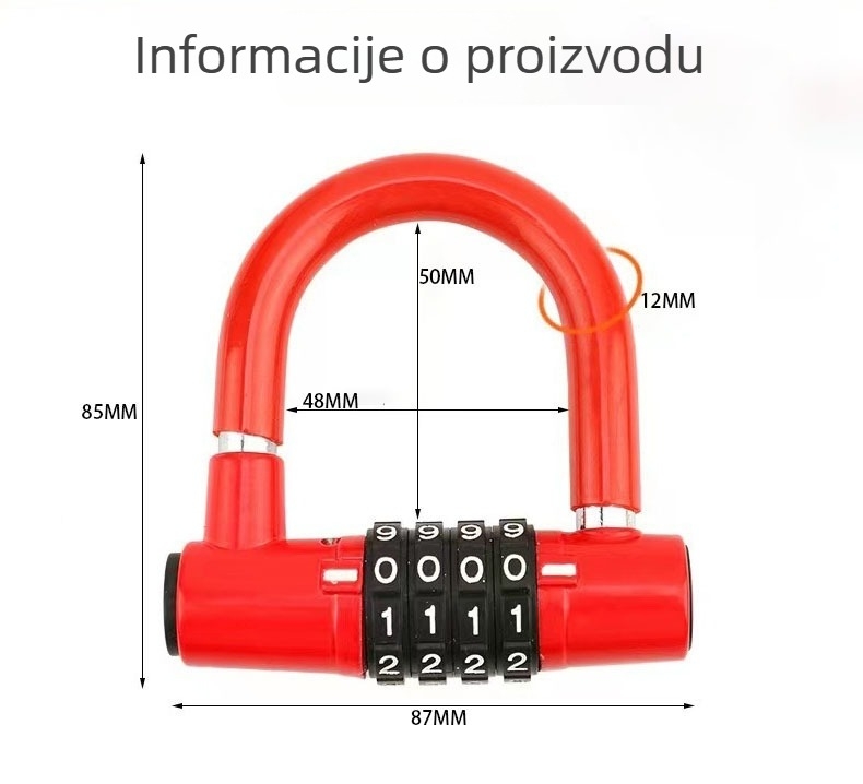 Brava za bicikl s otiskom prsta i brojčanim kodom, cinkova legura, U-oblik brava, model MG01UX, debljina šipke 12 mm, razmak 50 mm, za električna vozila i bicikle