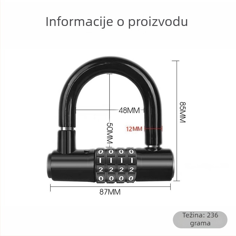 Brava za bicikl s otiskom prsta i brojčanim kodom, cinkova legura, U-oblik brava, model MG01UX, debljina šipke 12 mm, razmak 50 mm, za električna vozila i bicikle