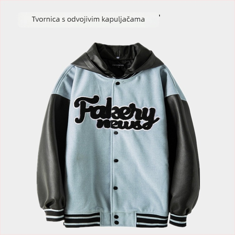 Baseball jakna s PU kožnim rukavima, prošivena podstava, stojeći ovratnik, jacquard detalji, uzorak značke