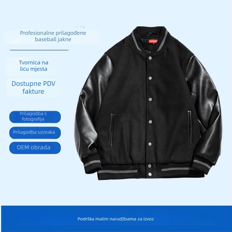 Baseball jakna s PU kožnim rukavima, prošivena podstava, stojeći ovratnik, jacquard detalji, uzorak značke