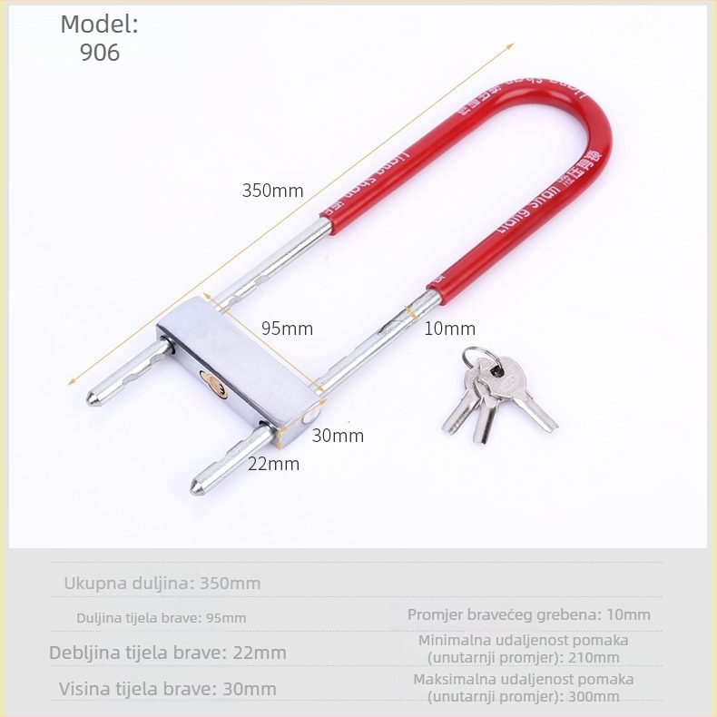 U-oblik sigurnosni mehanizam za staklena vrata — model 015; materijal: kaljena legura čelika; težina: 0.9/1.2 kg; pogodan za staklena vrata, trgovine, skladišta; stil: moderni minimalistički dizajn