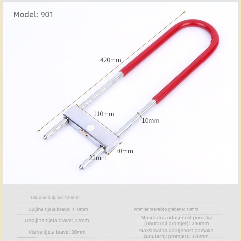 U-oblik sigurnosni mehanizam za staklena vrata — model 015; materijal: kaljena legura čelika; težina: 0.9/1.2 kg; pogodan za staklena vrata, trgovine, skladišta; stil: moderni minimalistički dizajn