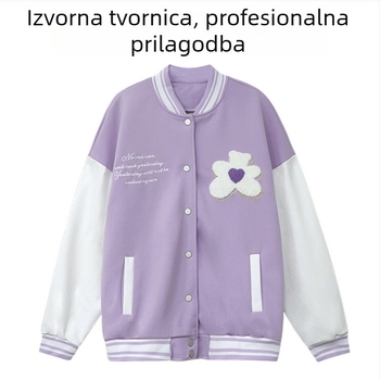 Izšivana jakna s slovima, baseball stil, širok kroj, poliester tkanina, poliester podstava