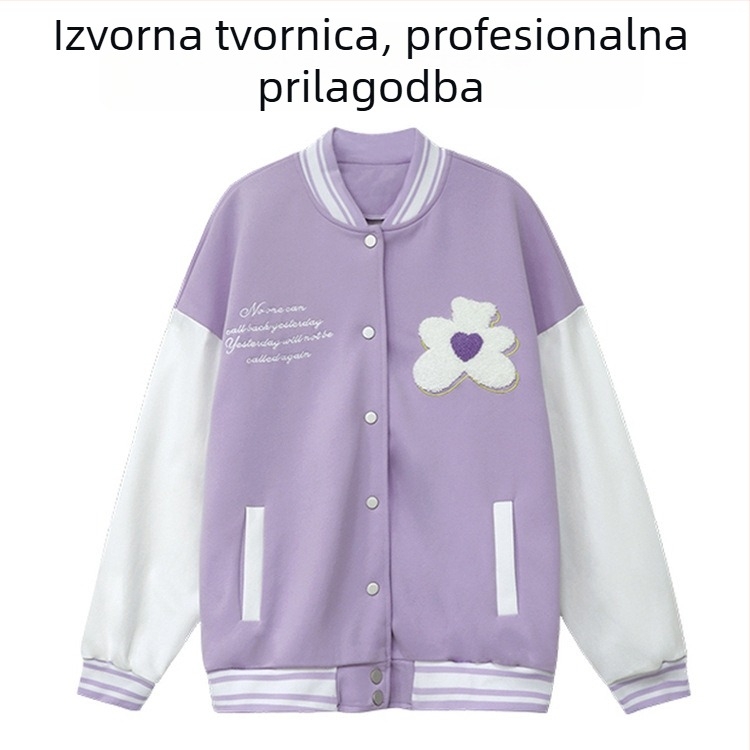 Izšivana jakna s slovima, baseball stil, širok kroj, poliester tkanina, poliester podstava