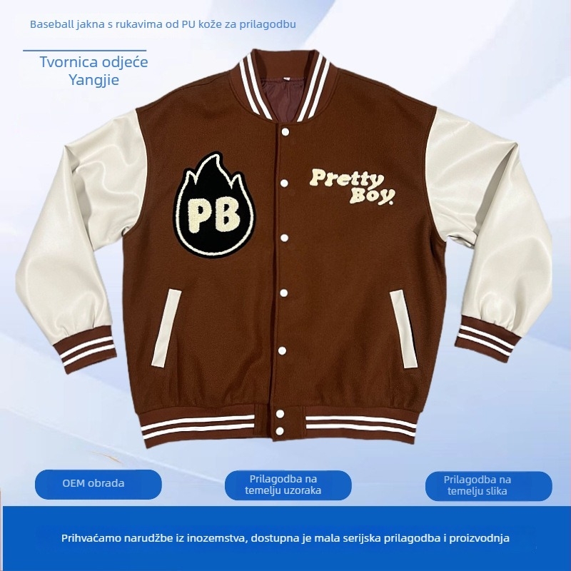 Bomber jakna s PU kožnim rukavima i velikom izvezom na tkanini viskoze-vuna, dvostruka flis podstava, slobodan kroj, okrugli ovratnik, za muškarce