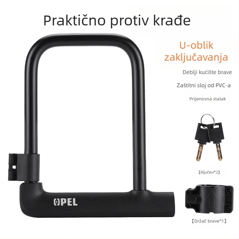 OPEL U-oblikovana sigurnosna brava za bicikl, metalna, vodootporna, prilagodljiva