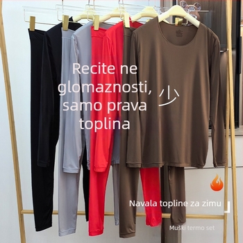 Muški nylon termalni osnovni sloj set: jednobojni komplet s dugim rukavima top i hlače, zaobljen vrat, srednja debljina 141–160 g/m², 80–90% nylon