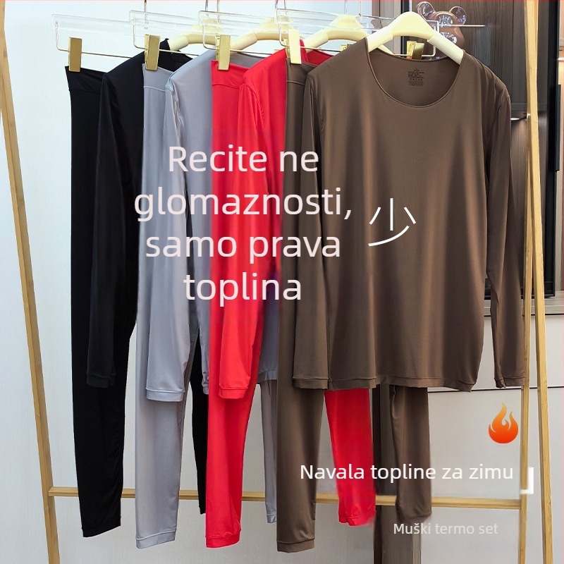 Muški nylon termalni osnovni sloj set: jednobojni komplet s dugim rukavima top i hlače, zaobljen vrat, srednja debljina 141–160 g/m², 80–90% nylon