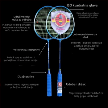 Haotian H01 Set od dvije badminton rakete, okvir od željezne zlitine, najlonske žice, direktan udarac, 95–100 g svaka