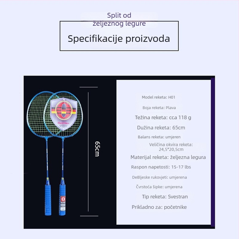Haotian H01 Set od dvije badminton rakete, okvir od željezne zlitine, najlonske žice, direktan udarac, 95–100 g svaka