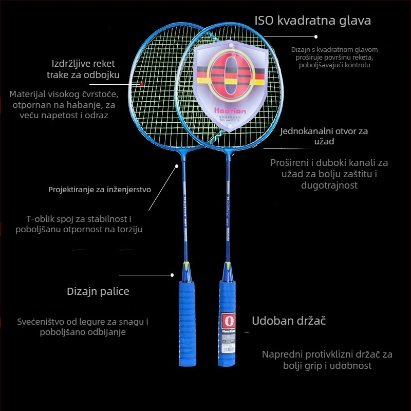 Haotian H01 Set od dvije badminton rakete, okvir od željezne zlitine, najlonske žice, direktan udarac, 95–100 g svaka