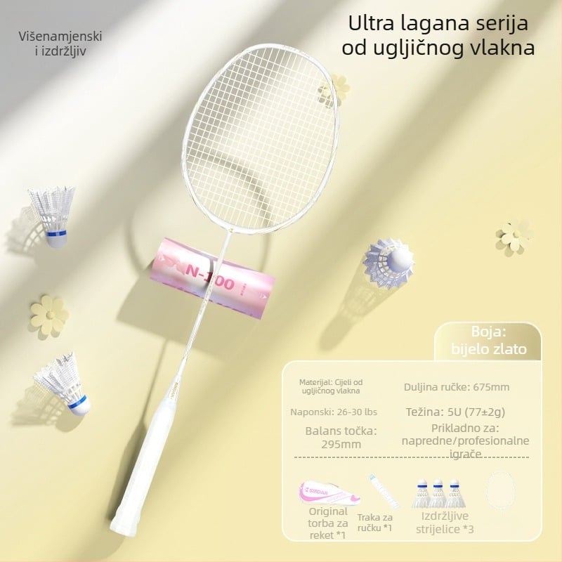 Raketa za badminton, prilagođeni model treninga, okvir od karbonskih vlakana, težina 75–79 g, ručka G5, umjerena tvrdoća šipke