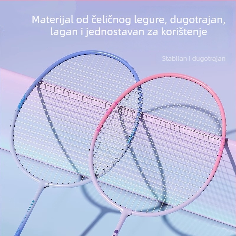 Set badminton raketa za djecu i odrasle — ultra lagan, izdržljiv, dvostruki set raketa; okvir od željeznog legura, najlonske žice, težina 95–100 g, debljina drške G4, horizontalni udar, umjerena tvrdoća
