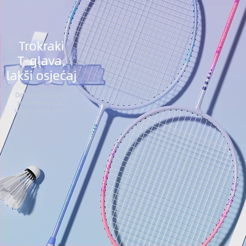 Set badminton raketa za djecu i odrasle — ultra lagan, izdržljiv, dvostruki set raketa; okvir od željeznog legura, najlonske žice, težina 95–100 g, debljina drške G4, horizontalni udar, umjerena tvrdoća