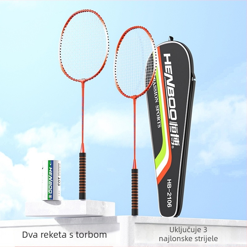 Para badminton reketa – odrasli, ofenzivni stil, okvir od željezne zliatiny, težina 95–100 g, G1 držač, umjerena tvrdoća osi