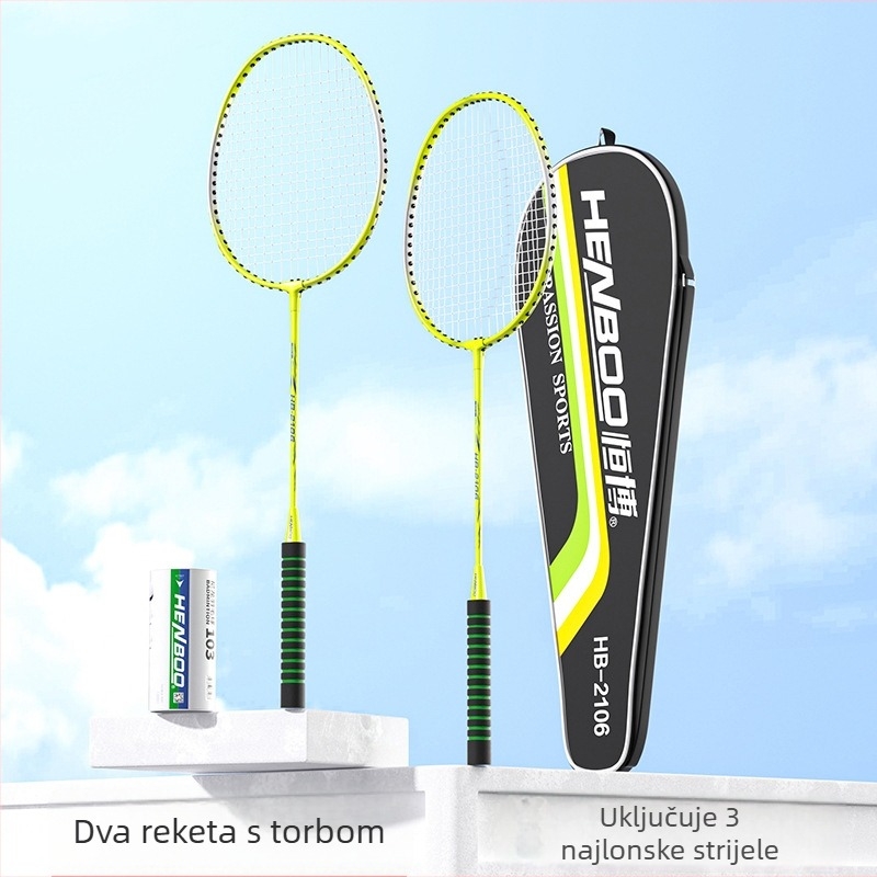 Para badminton reketa – odrasli, ofenzivni stil, okvir od željezne zliatiny, težina 95–100 g, G1 držač, umjerena tvrdoća osi