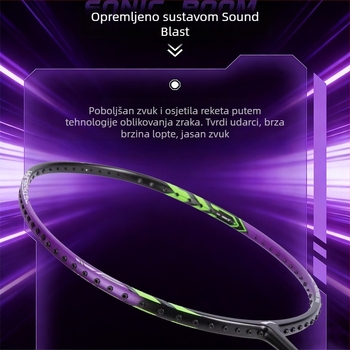 Li-Ning Warhammer 1000 badminton reketa, direktni udar, karbonska vlakna rama, težina 80–84 g, debljina drške G5, pogodna za amaterske juniore